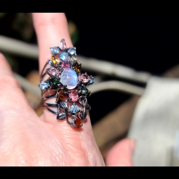 STUNNING NEW Moonstone Milti-Gem Ornate Sterling Finger cuff sz8.5 - Picture 5 of 8